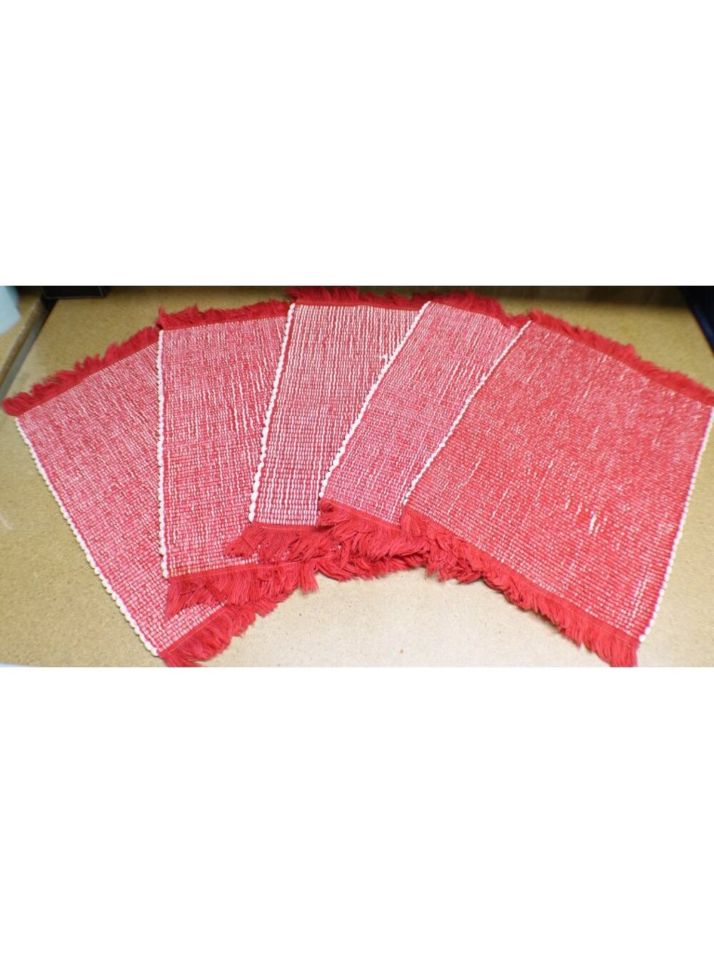Red White Cotton Woven Table Placemats Set 5 Fringe Accents Easy Care 12x18" Vtg